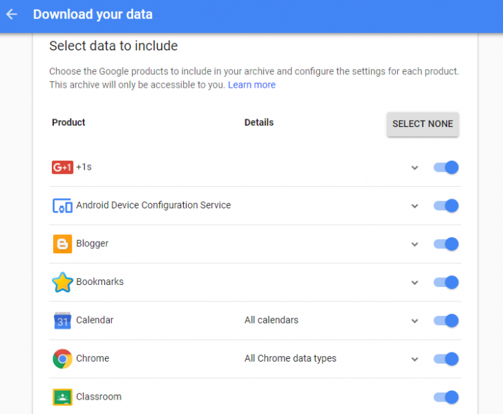 google takeout include data