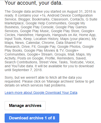 google takeout weren't able to fetch