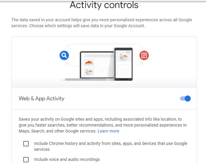 google activity control settings off